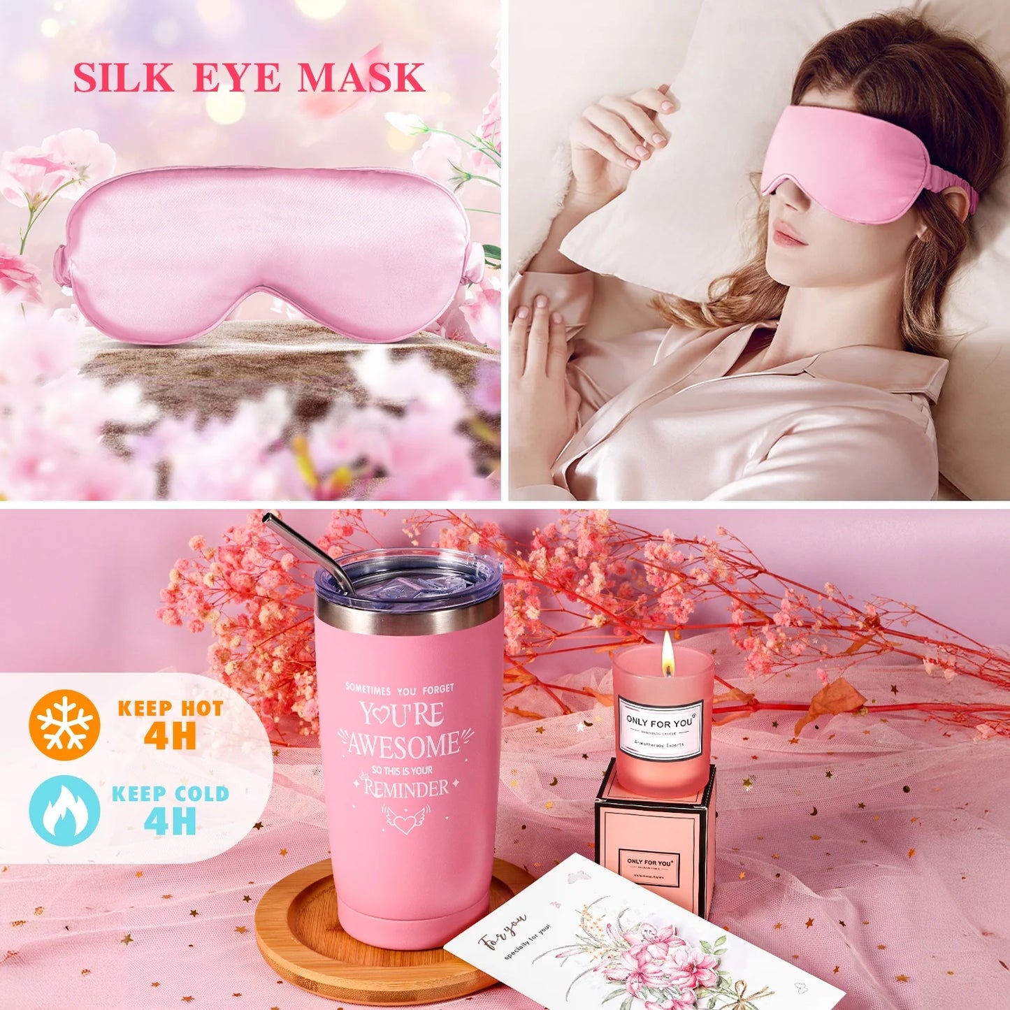 Gift Baskets for Women, 8 Pcs Rose Bath and Body Set, Beauty Spa Holiday Birthday Gifts for Her, Pink