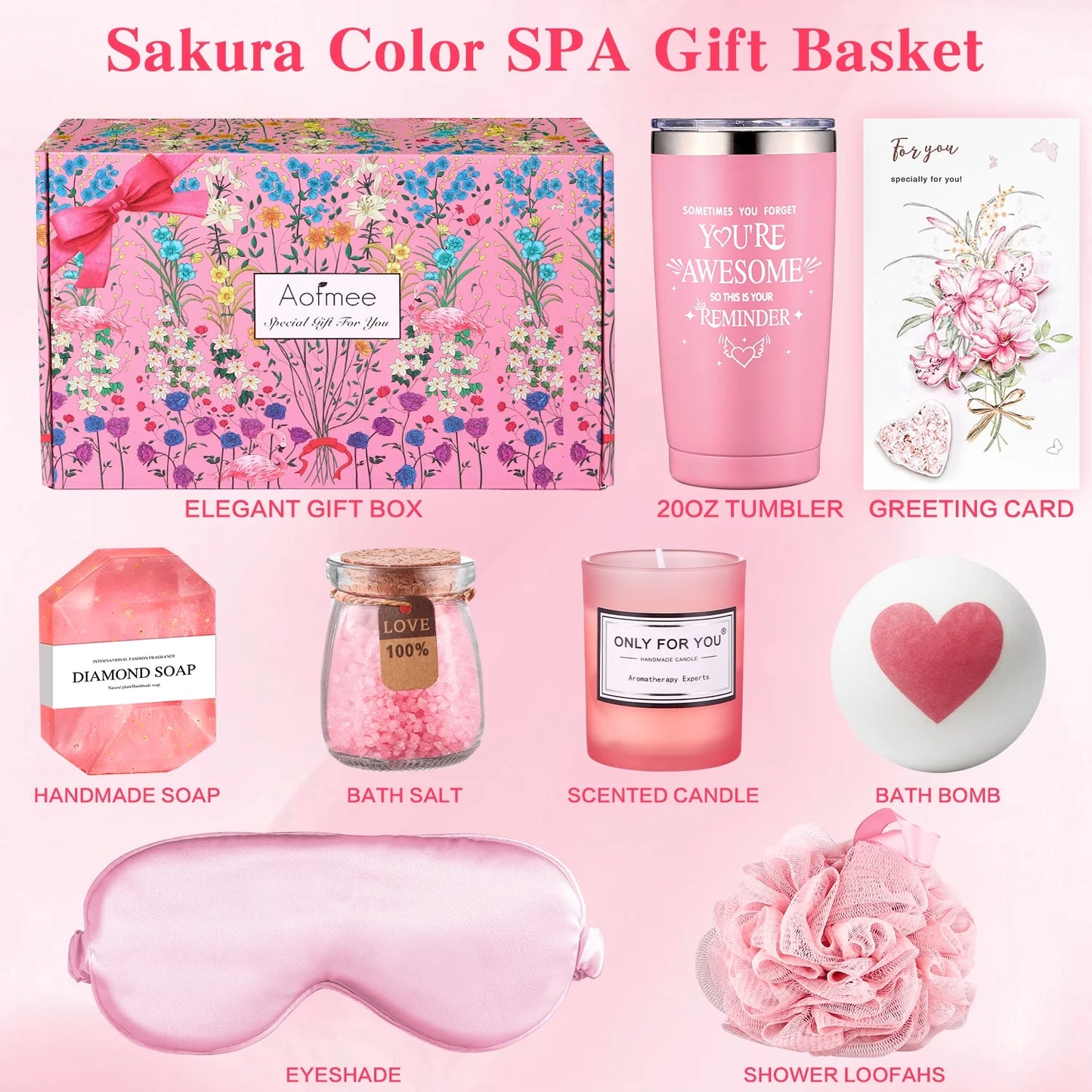 Gift Baskets for Women, 8 Pcs Rose Bath and Body Set, Beauty Spa Holiday Birthday Gifts for Her, Pink
